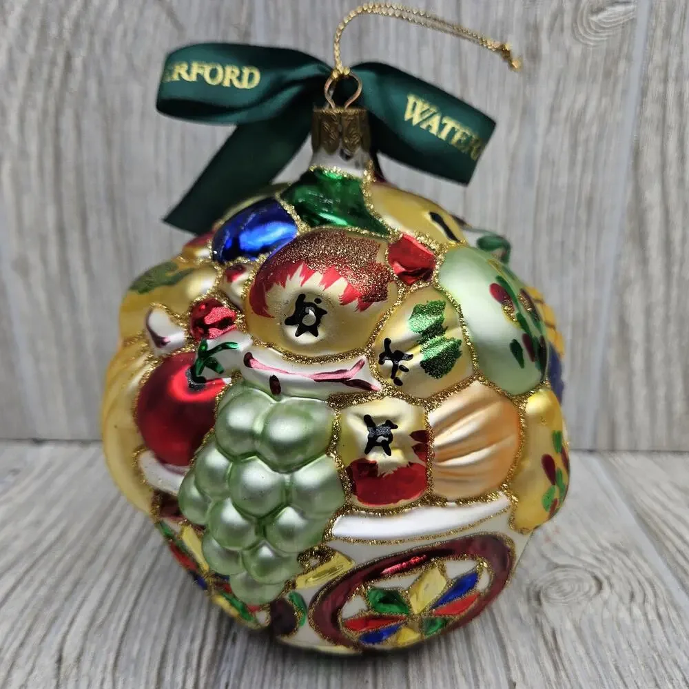 Waterford Glass Ornament Fruit Bowl Hand Painted Holiday Decor Ribbon 5 Inch Art
